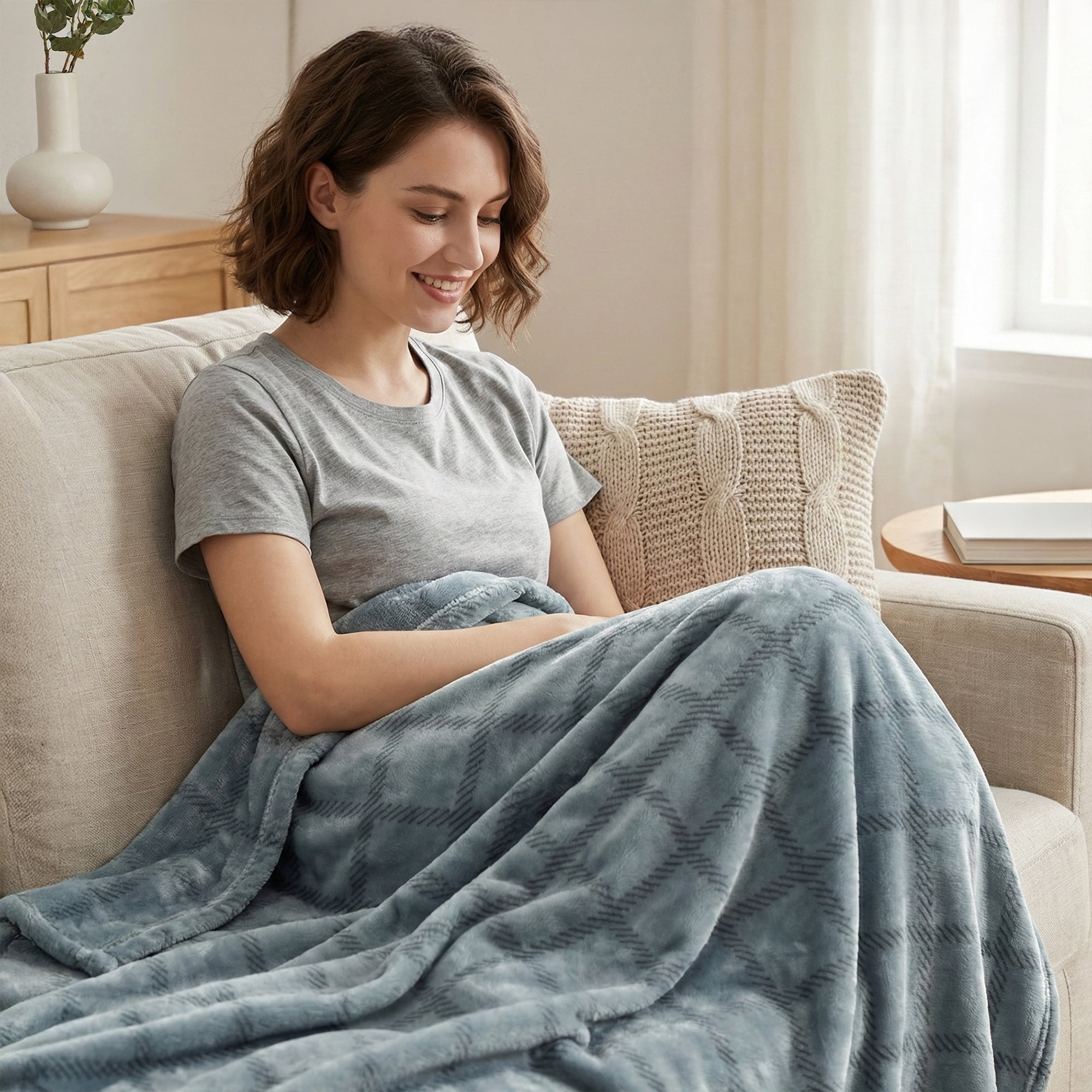 Fleece Throw Blanket - 50x60 Inch - Modern Dash Windowpane Design - Ultra Soft Warmth - Blue