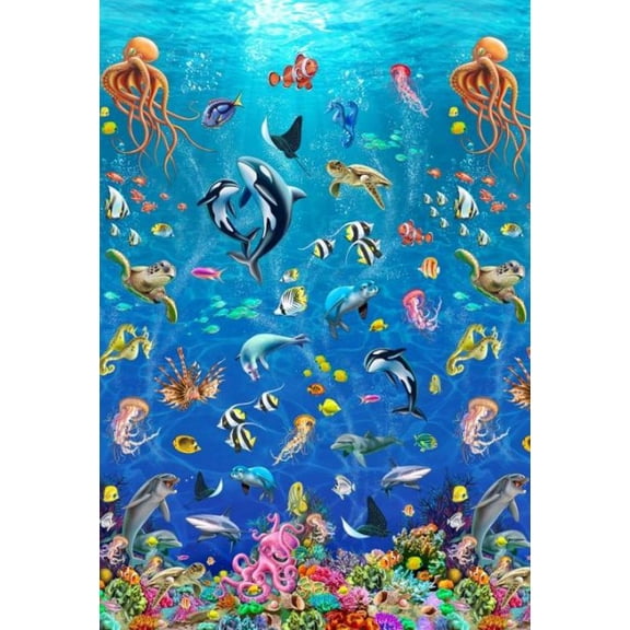 24" X 44" Panel Discovery Cove Border Sea Creatures Blue Cotton Fabric D488.63