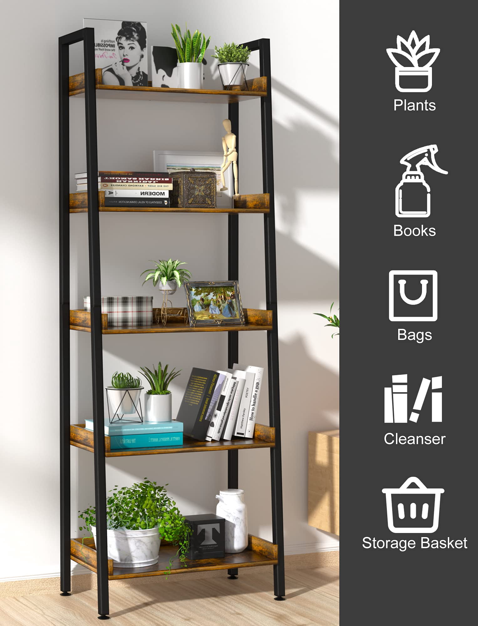 Industrial Bookshelf 5-Tier, Bookcase Ladder Shelf, Storage Shelves Rack Shelf Unit, Accent Furniture Metal Frame, Home Office Furniture for Bathroom, Living Room