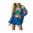 thumbnail image 3 of Franhais Ladies Summer Knitted Leisure Suit, Women Color Matching Hollow Long Sleeve Cardigan Tops + Mid Waist Shorts, 3 of 7