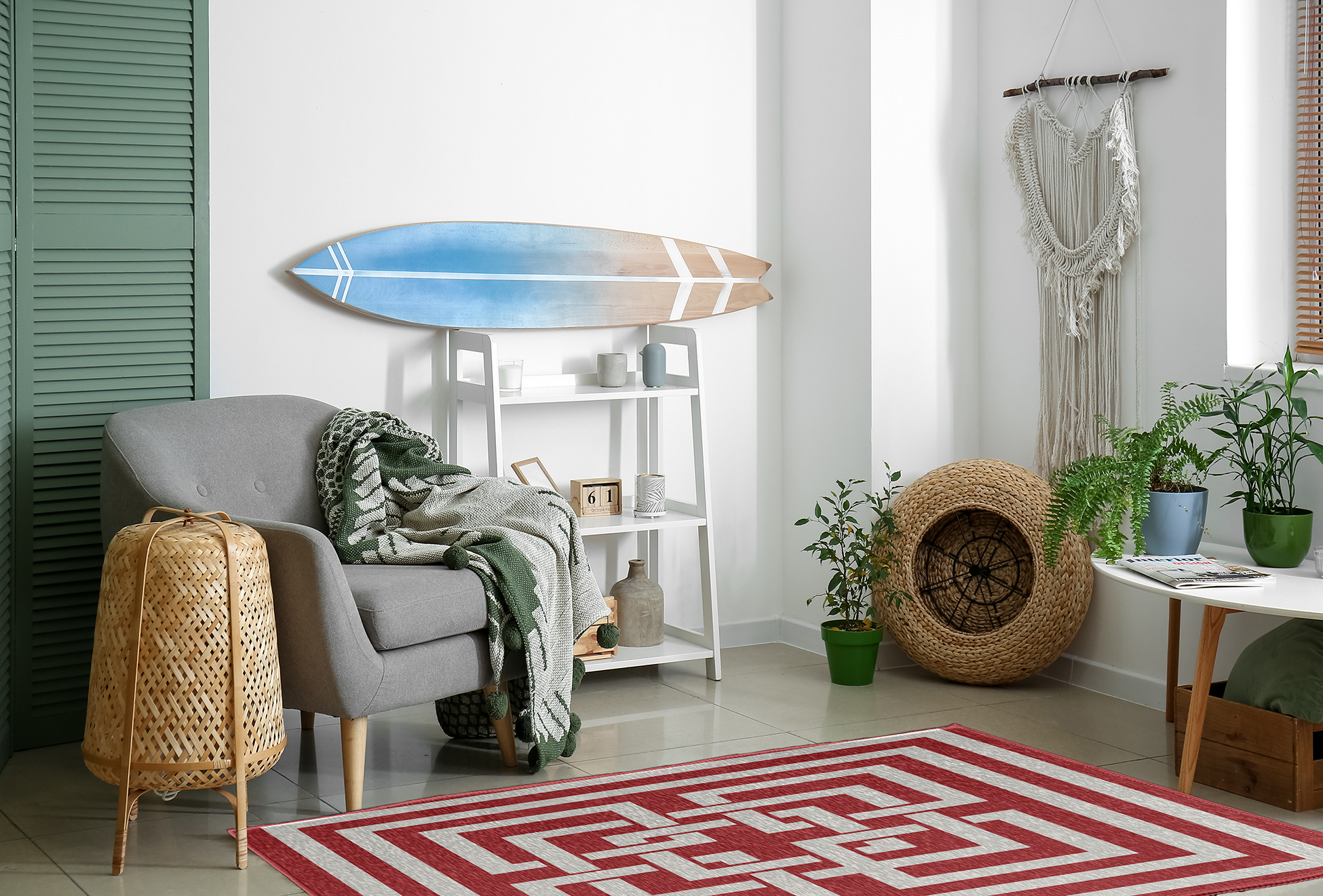 Simply Daisy 4' x 6' Greek New Key Nautical Chenille Rug, Ligonberry Red