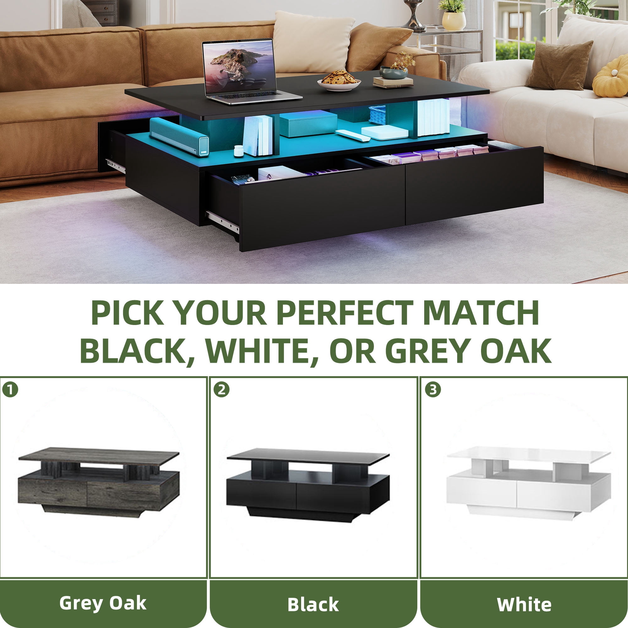 Uforic Modern LED Coffee Table, Center Tables with Storage for Living Room, Black