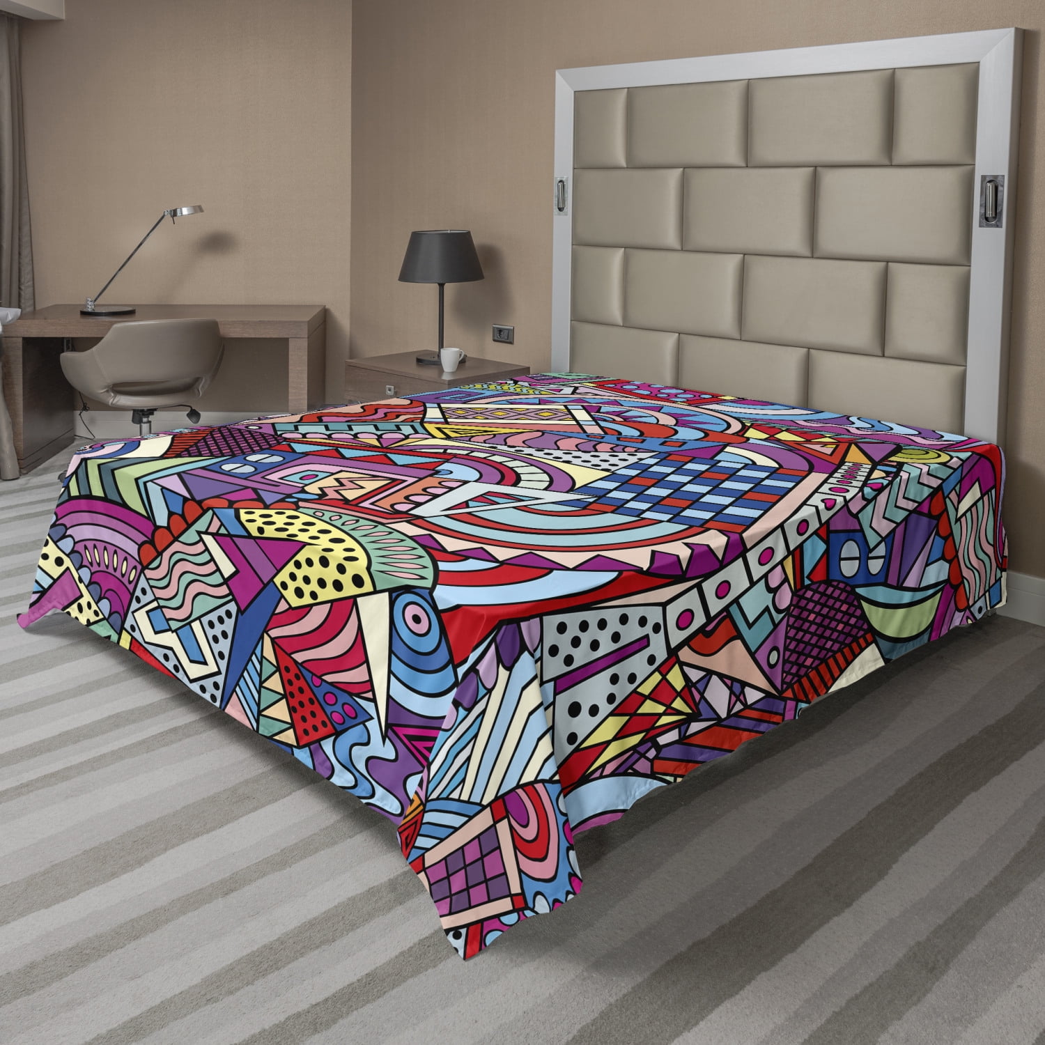 Psychedelic Flat Sheet, Colorful Funky Art 90's Stained Glass Style