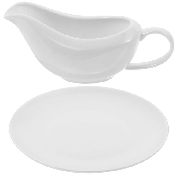 STRANDCHIC White Ceramic Gravy Boat with Saucer, Sauce Serving Cup for Home and Kitchen Use, 1 Set