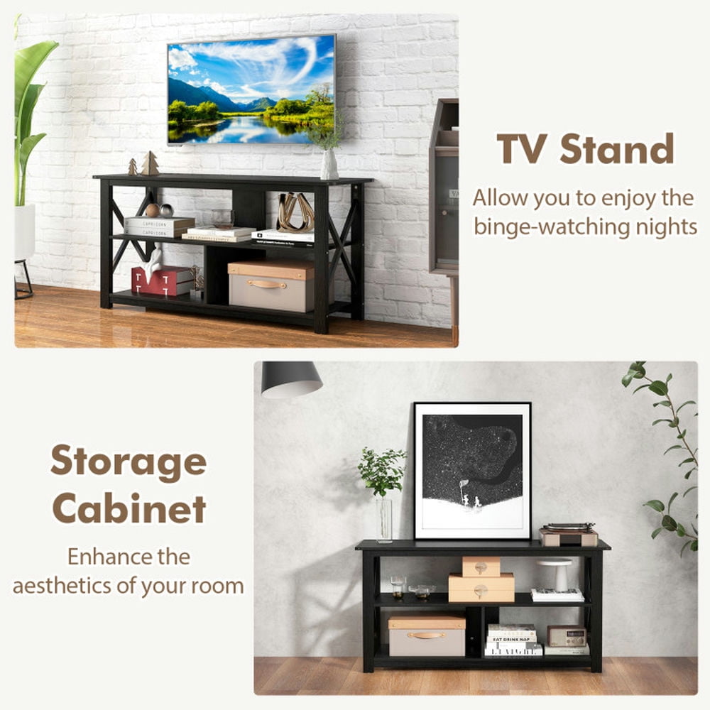 Finihen TV Stand, Entertainment Center, 3 Tier Wood TV Stand for 55-Inch with Open Shelves and X-Shaped Frame, for Living Room, Black
