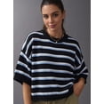 thumbnail image 5 of Women's Striped Crew Neck Drop Shoulder Short Sleeve Cropped Knit Sweater Black L, 5 of 7