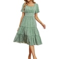 thumbnail image 3 of B91xZ Femmes Robe Manches Courtes Wrap V Cou Cravate Taille Volant une Ligne Mini Robes Courtes, Vert L, 3 of 5