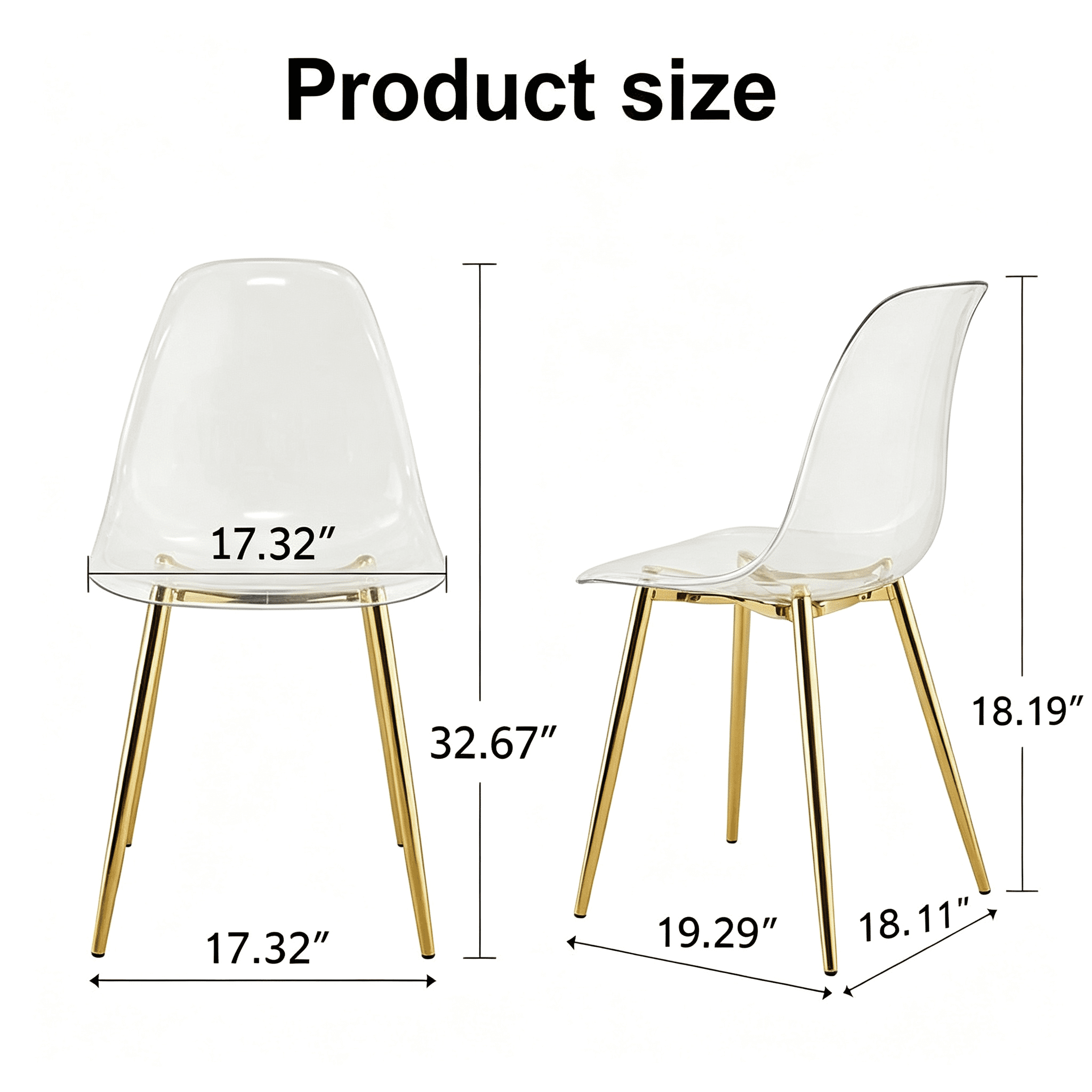 Transparent Dining Chair with Metal Legs, Set of 4, Golden