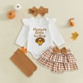 thumbnail image 2 of Gubotare My First Thanksgiving Baby Girl Outfit Turkey Romper Ruffle Layered Shorts Headband Socks Cute Fall Clothes (Brown, 0-3 Months), 2 of 4