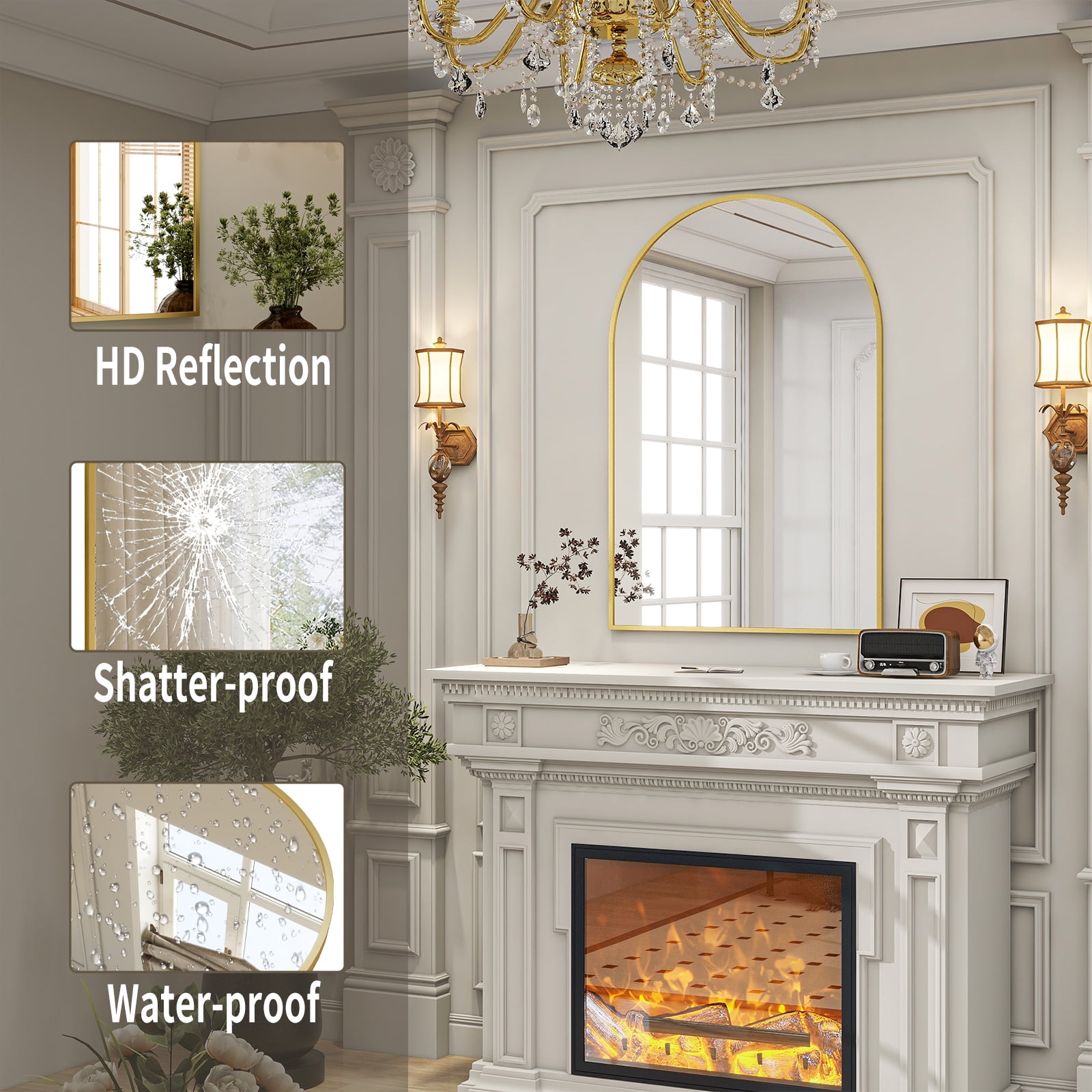 BEAUTYPEAK 24"x 36" Bathroom Mirror Wall Vanity Arched Mirror, Gold