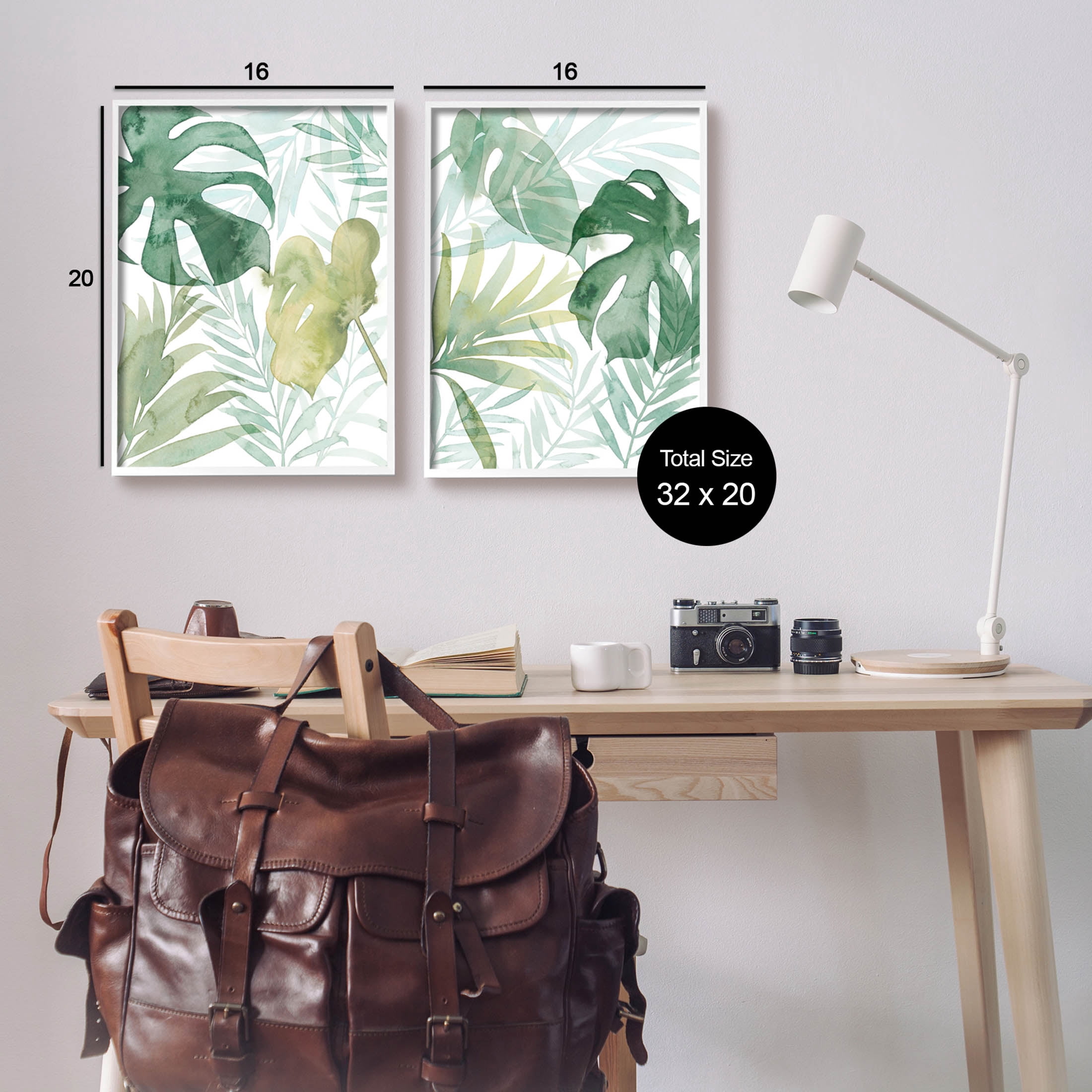Layered Lush Green Plant Leaves Botanical & Floral Graphic Art White Framed Art Print Wall Art, Set of 2