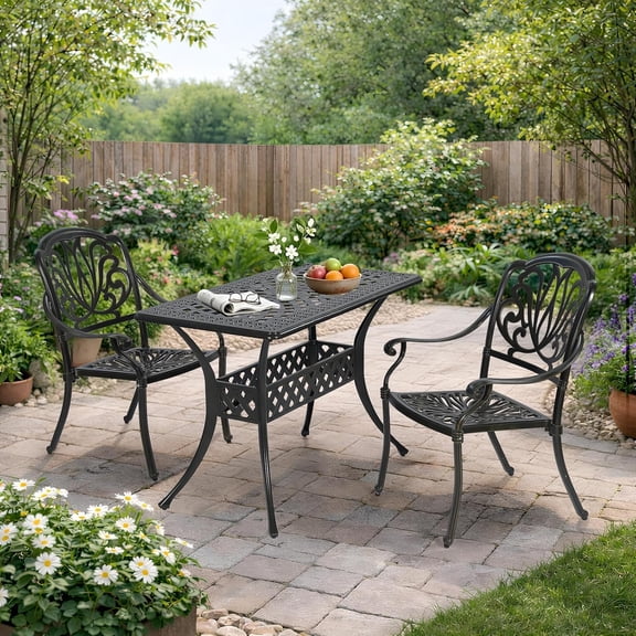 VIVIJASON 3 Piece Cast Aluminum Patio Bistro Set, Outdoor Dining Set with 42" x 24" Rectangular Table and 2 Armchairs, Rust Proof & Weather Resistant Furniture for Small Balcony, Porch, Garden, Deck