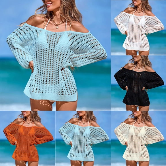 AGWOLF Crochet Cover Ups for Women Knit Hollow Out Swim Cover Up Off the Shoulder Long Sleeve Bathing Suit Coverups Summer Beach Outfits