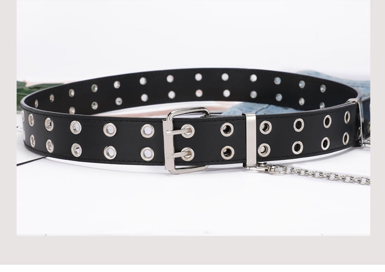 Double Grommet Leather Belt with Detachable Chain for Women Men