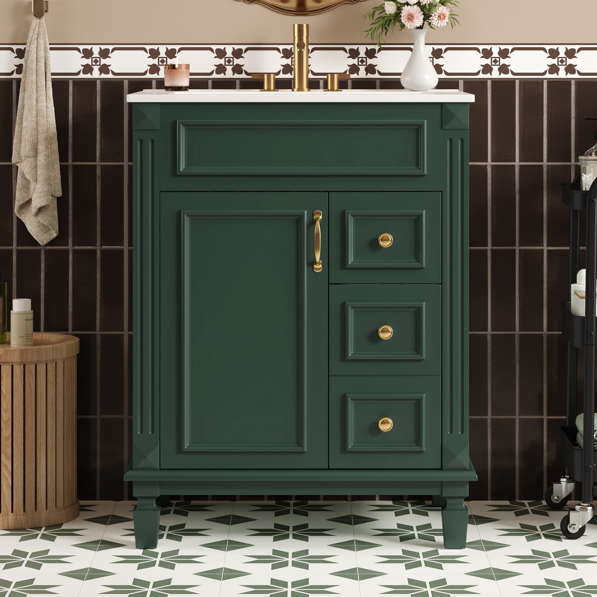 Euroco 24" Bathroom Vanity with Ceramic Sink, Small Bathroom Sink Cabinet, Modern Cabinet with 2 Drawers and Adjustable Shelf