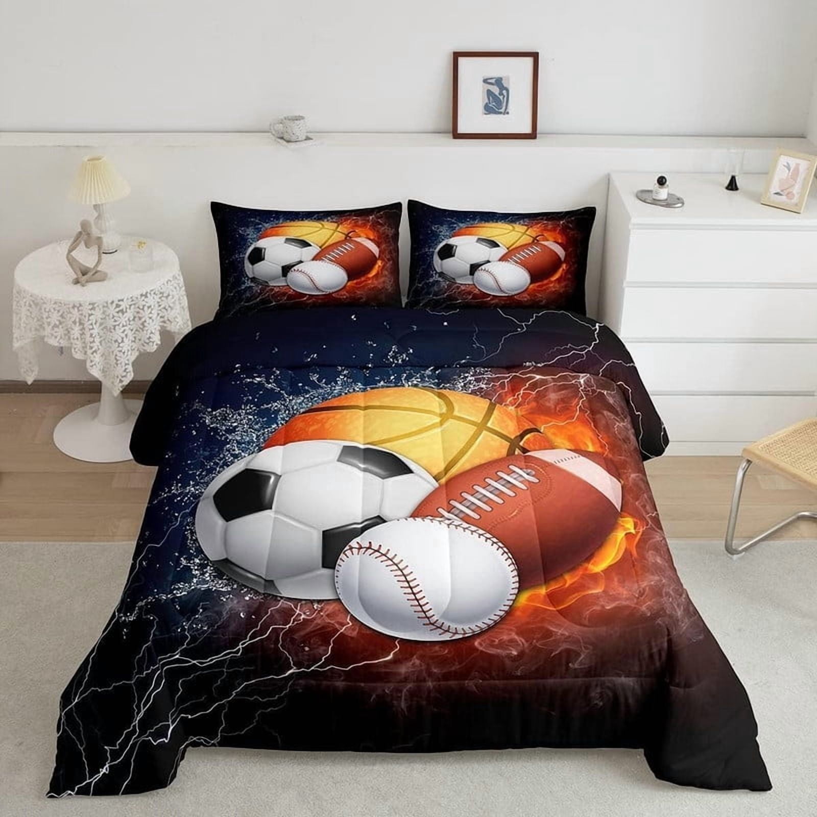 Basketball & Football Bedding Set for Boys Teens - 3 Piece Twin Comforter Cover with 2 Pillowcases, Sporty Duvet Cover for Kids, Boys Room Decor