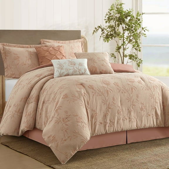 Lanco Floral Comforter Set Queen Size, Blush 7 Pieces Jacquard Bedding Set, Cotton &Polyester Bedding, All Season, Bedskirt, Pillows Shams