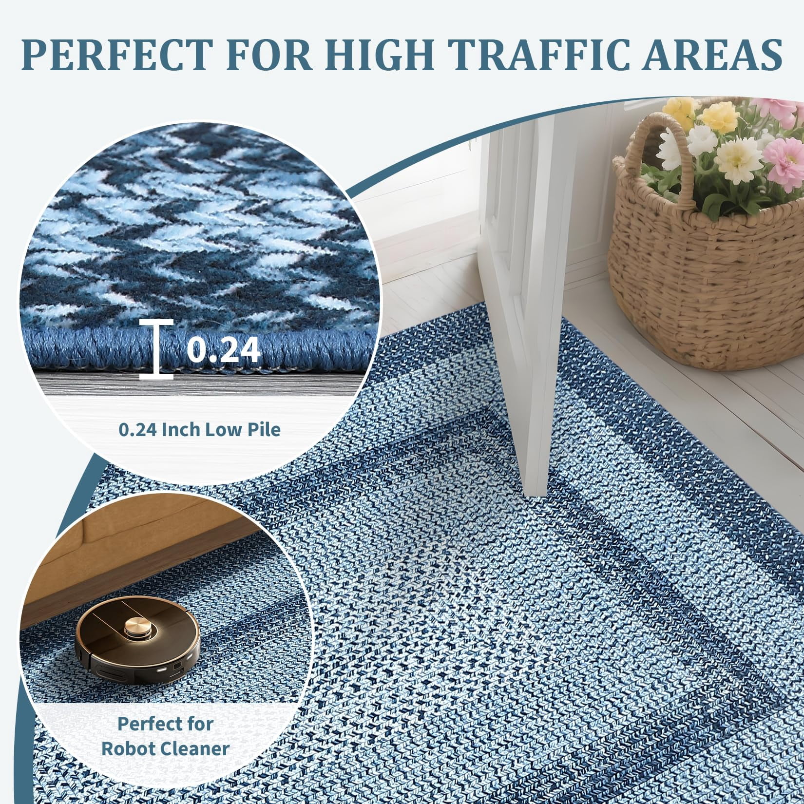 Modern Washable Area Rug 8'x10' Vintage Braided Print Non-Slip Low Pile Carpet for Living Room Bedroom Home Office, Gray and Blue