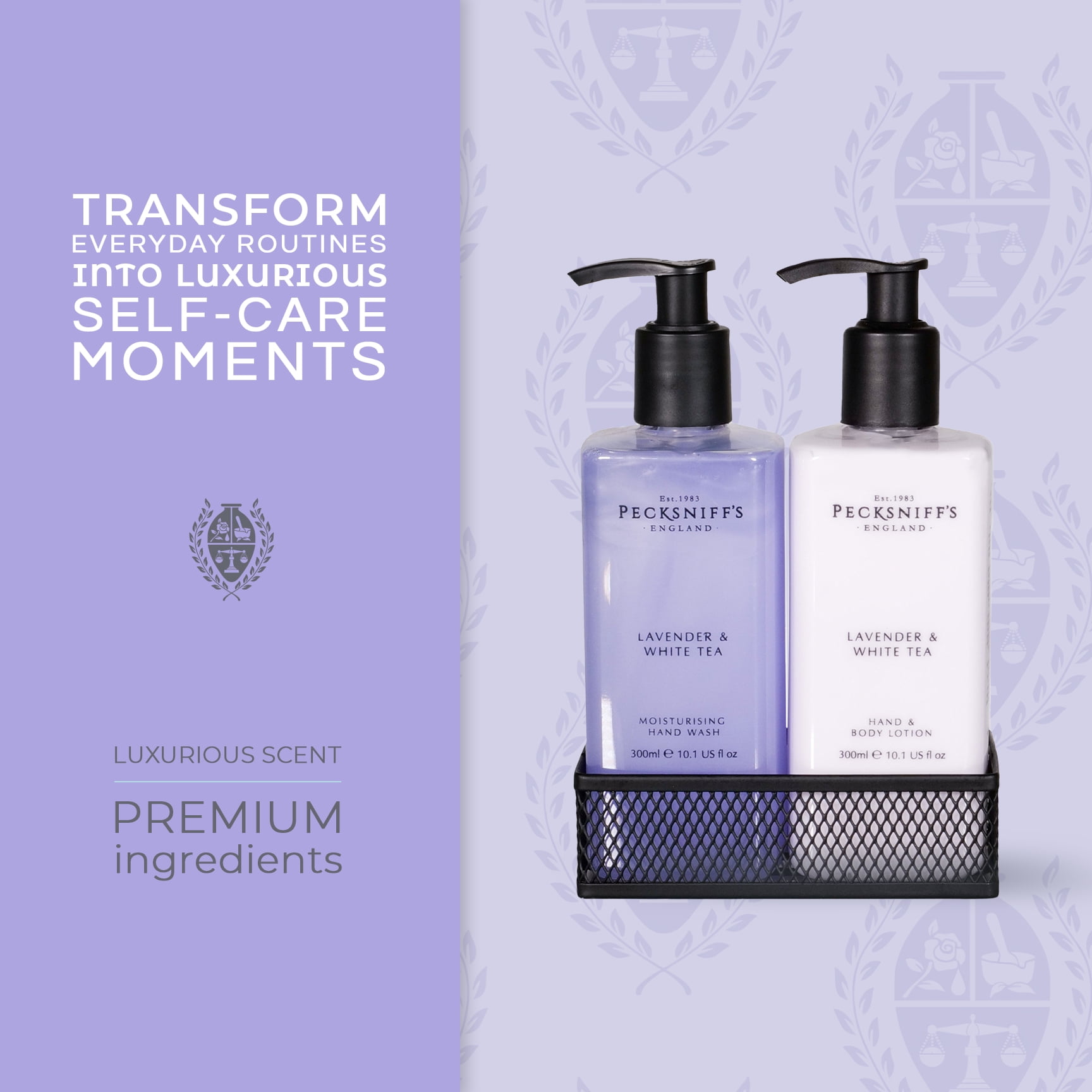 Pecksniffs Lavender & White Tea Moisturizing Hand Wash and Hand Lotion in a Black Mesh Caddy | 300ml/10.14 Fl oz