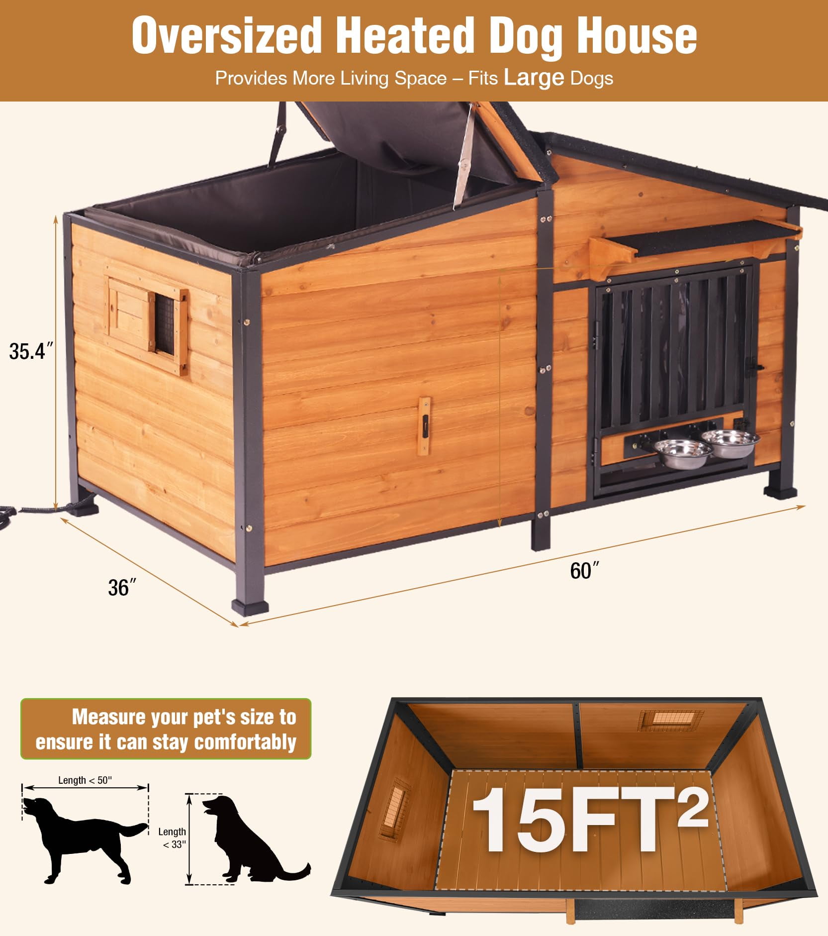 MEDEHOO Extra Large Heated Dog House Outdoor with Chew-Proof Iron Frame, Waterproof Dog Kennel with Smart Heating Pad, 360° Rotating Feeding Bowl, for Large Dog Breeds