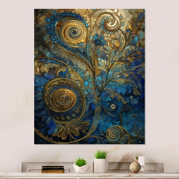 Designart "Melodies of Boho Blue And Gold II" Boho Feather Metal Art Living Room