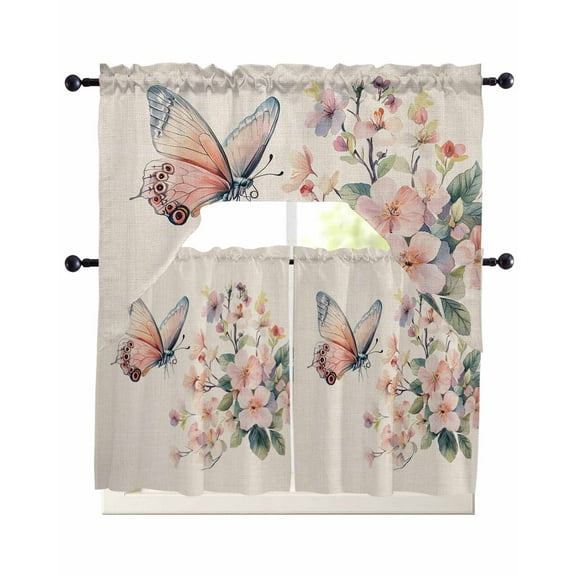 Spring Butterfly Kitchen Curtains Sets 36 Inch Length with Valance, Farmhouse Retro Botanical Flowers Swag Valances and Tiers Curtain Set Drapes Swag Curtains for Living Room, Bathroom, Bedroom, Cafe