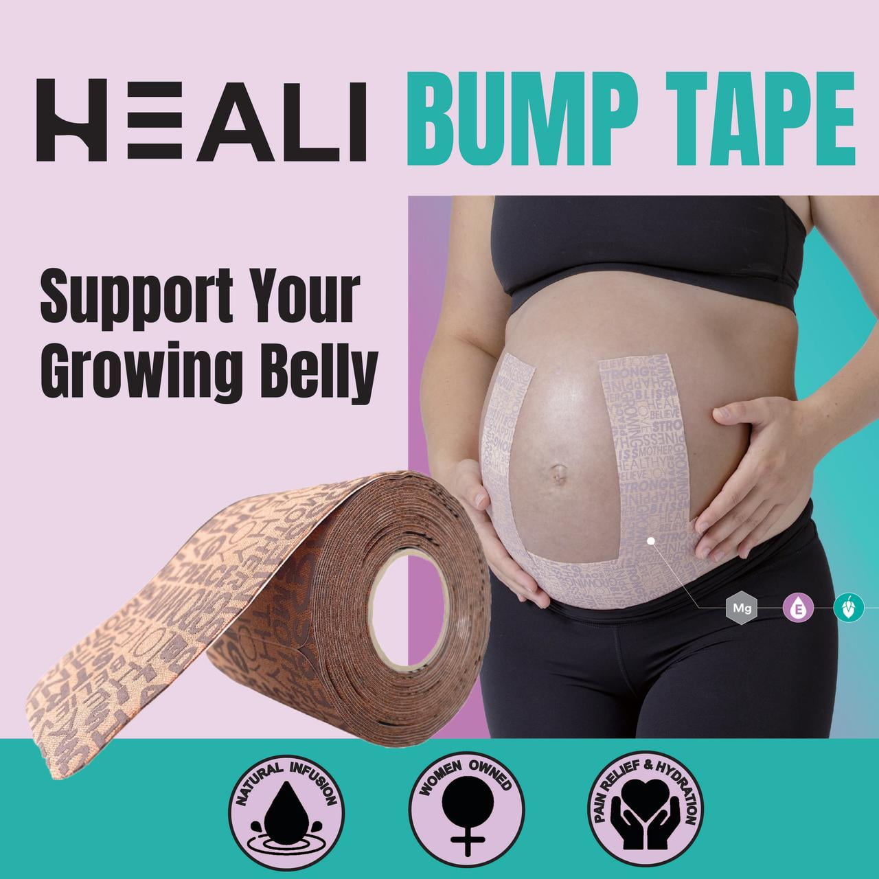 (2 pack) Heali Bump Belly Kinesiology Tape for Pregnancy and Maternity With Magnesium, Jojoba Oil, Vitamin E, 15 Precut 2x10 Inch Strips