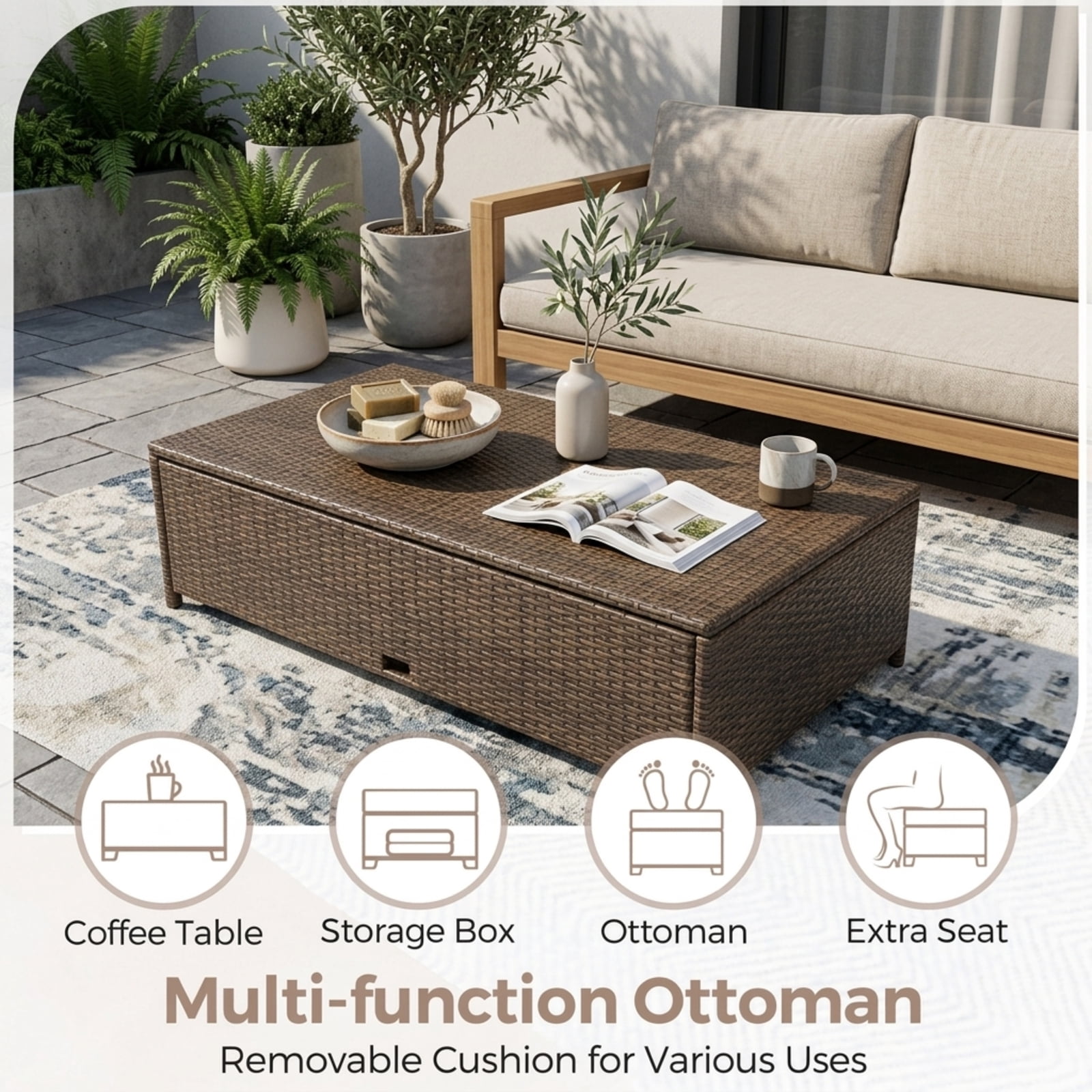 Furnibear Red Patio Wicker Daybed, 4-Position Reclining PE Rattan Loveseat with Storage Ottoman, Convertible Outdoor Sofa for Poolside, 800 LBS