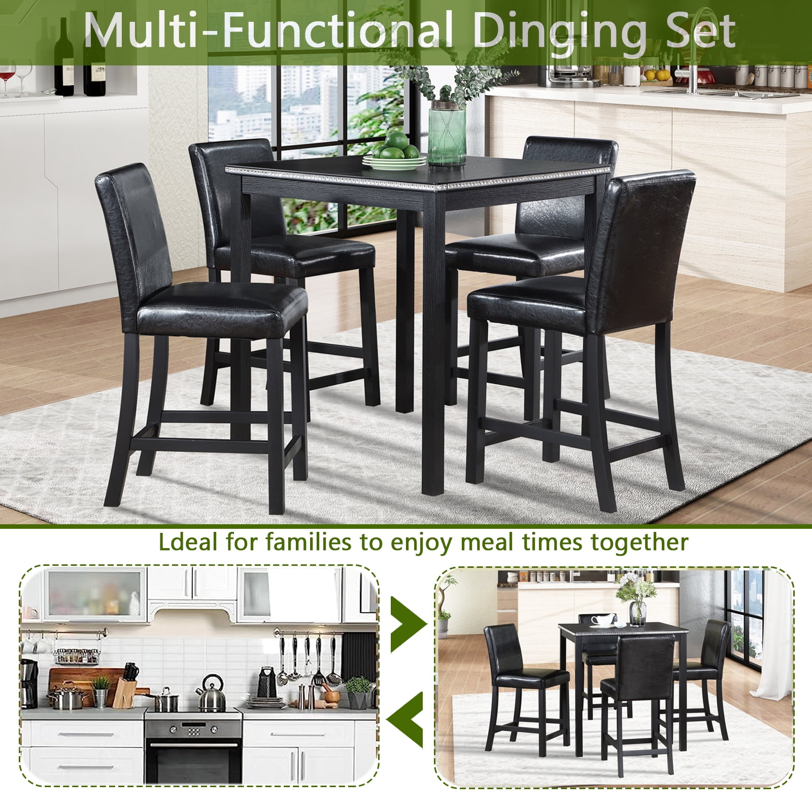 Gewnee Modern 5 Piece Dining Table Set,Counter Height Dining Table with Crystal Decoration and 4 PU Upholstered Chairs for Kitchen,Dining Room,Black
