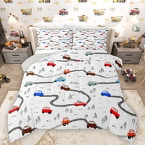 Homewish Cartoon Graffiti Car Full Size Comforter Sets,City Road Bedding Comforter Set,Red Blue White Bedding Sets For Boys Kids,Breathable Home Decor Reversible,3-Piece
