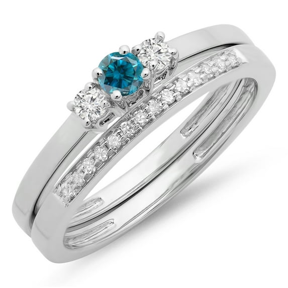 0.33 Carat (ctw) 10K White Gold Round Cut White & Blue Diamond Ladies Bridal Engagement 3 Stone Ring With Matching Weddi