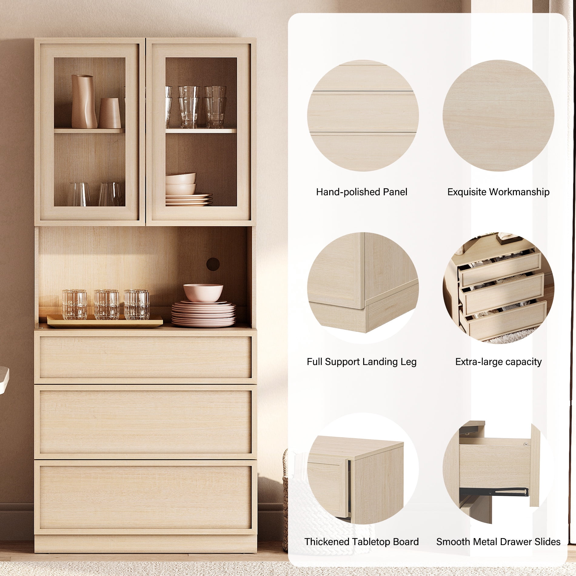 Modern 72" Tall Bookshelf with 9 Drawers and Book Shelves, Library Bookcase with Storage Cabinet and Glass Display Shelves,Beige