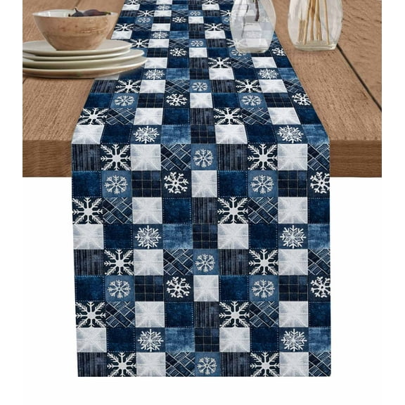 Blue White Snowflake Burlap Cotton Table Runner 18x72 Inches Long, Winter Geometric Check Plaid Farmhouse Table Runners, Outdoor Dining Tablecloths Decor for Baby Shower/Party/Wedding