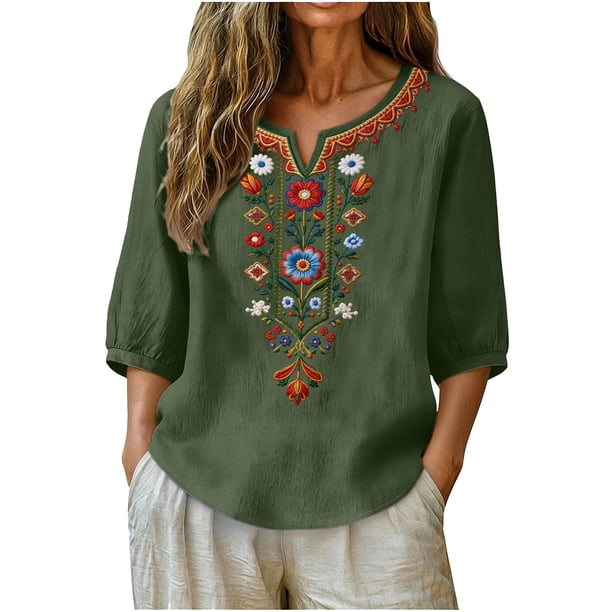 Neewe Women's Embroidered Tops 3/4 Sleeve Traditional Boho Shirts for Women V Neck Peasant Tunic Blouses