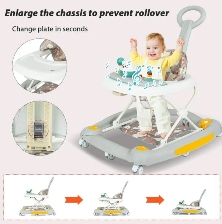 LHUAI 6-in-1 Baby Walker With Wheels, Bouncer, Removable Footrest, Feeding Tray & Music, Foldable & Adjustable Activity Walker For Boys And Girls, Toddler Infant, Grey