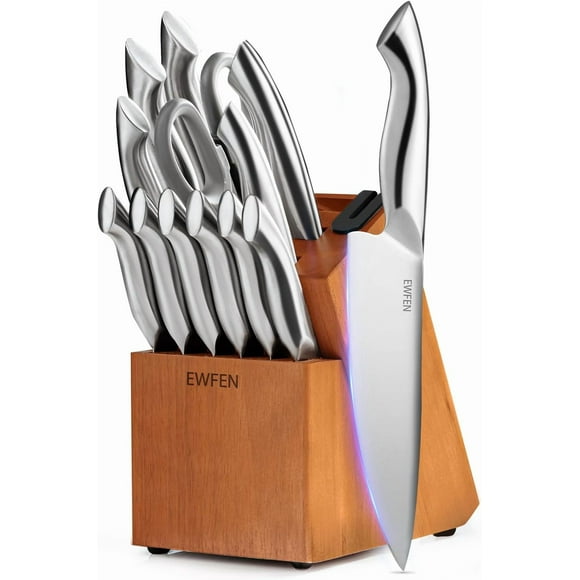 Knife Set, 14-Piece Kitchen Knife Set with Block, German Stainless Steel Knives with Built-in Knife Sharpener, Anti-Slip Curved Handle Sharp Knives Set for Kitchen, Dishwasher Safe