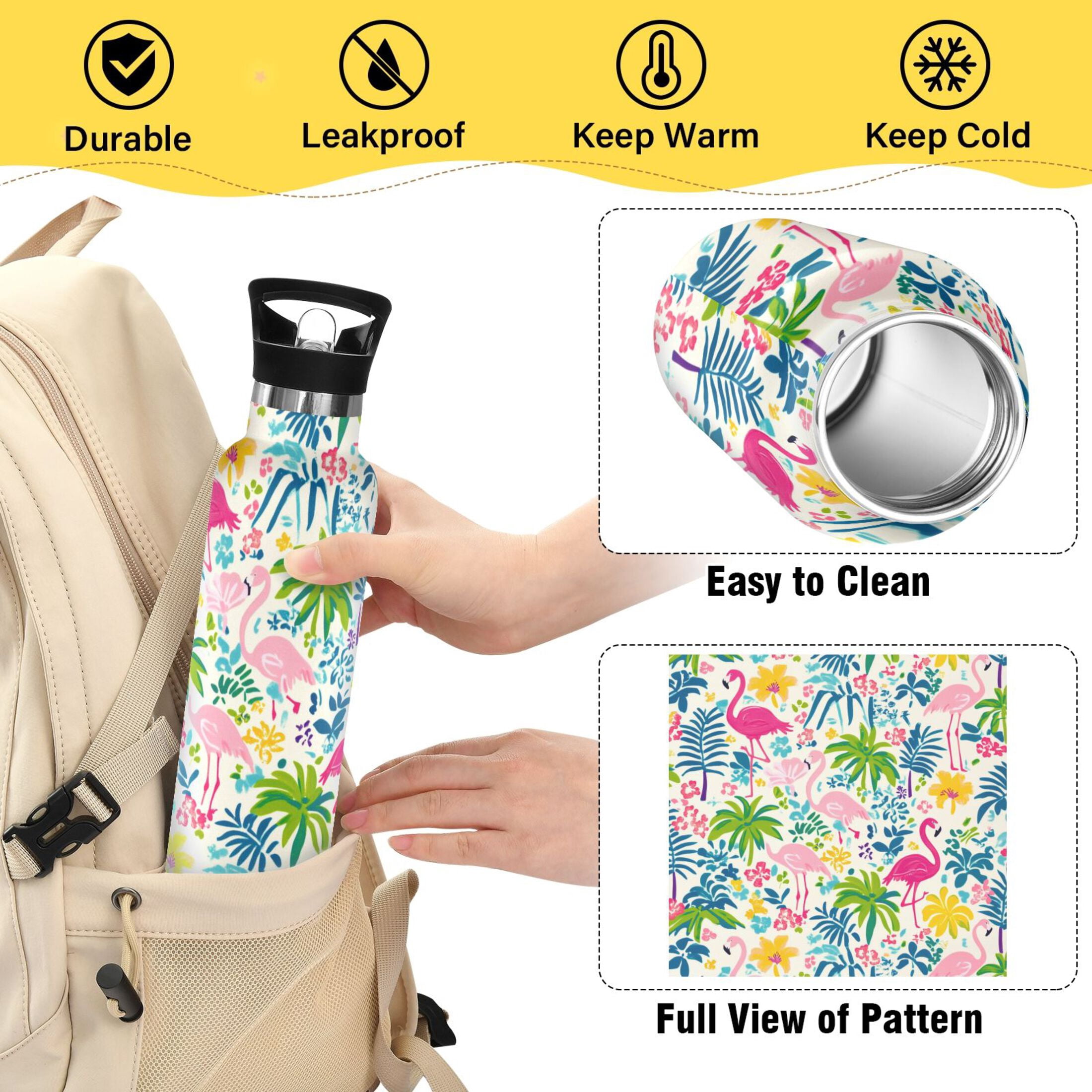 Kids Insulated Stainless Steel Sports Water Bottle 600ml (20oz) Colorful Flamingo Pattern
