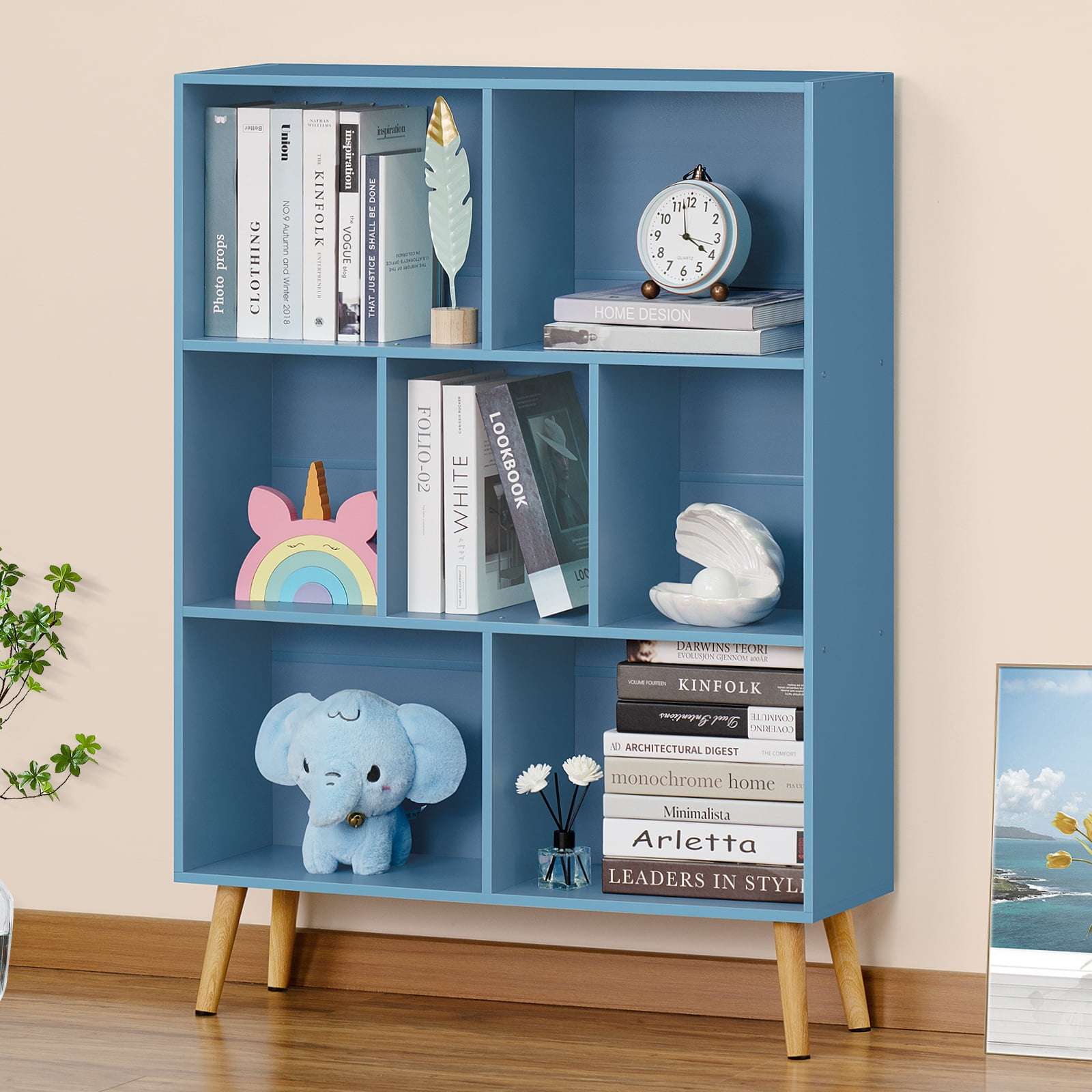 LEYAOYAO 3-Tier Bookshelf with 7 Open Cubes, Modern Wooden Storage Rack, Multi-Use Shelf for Living Room, Office, Study, Blue