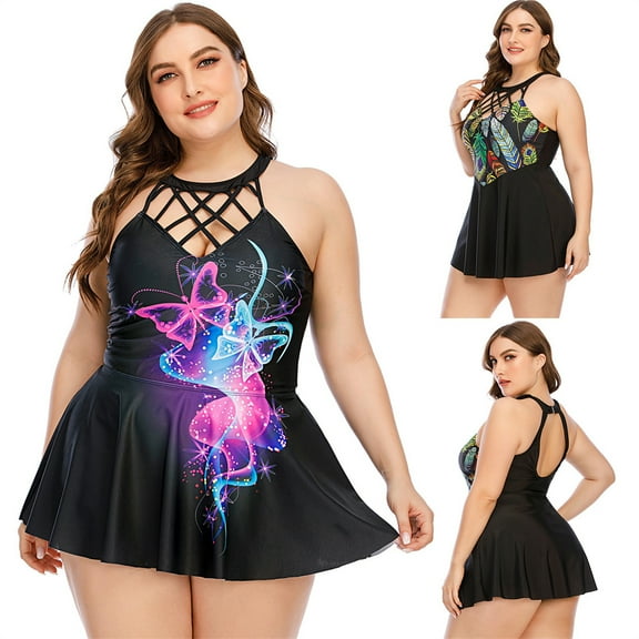 Abcnature Women's Bikini Swimsuits Sets, Thong Bikini Sets Plus Size One-piece Printing Bikini Skirt Swimwear Bikini Sets for Women Black L