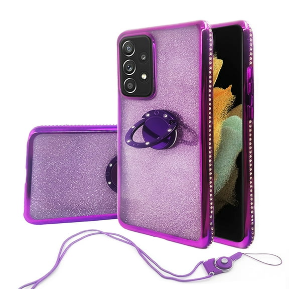 Compatible for Samsung Galaxy A52 5G Case, SOGA Glitter Diamond Rhinestone TPU Phone Cover with Ring Stand and Lanyard Girls Women Cover (Purple)