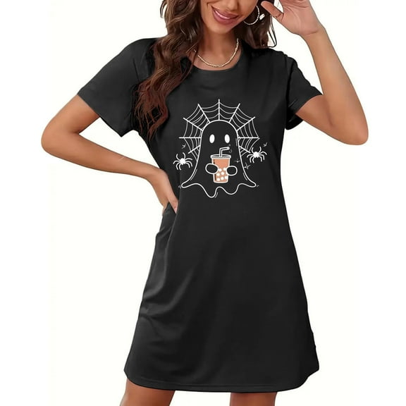 Sakmal Black Moo Moo Nightgown for Women Plus Size Short Casual Halloween Sleep Dress Short Sleeve Ghost Print Nightgowns for Women