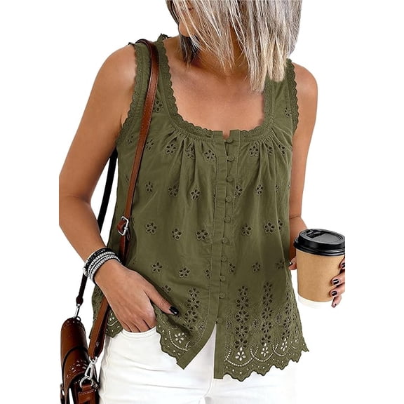 PRETTYGARDEN Womens Tank Tops Summer Button Down Shirts Embroidered Eyelet Dressy Casual Blouses Beach Vacation Clothes