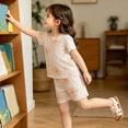 thumbnail image 6 of oelaio Girls Summer Outfits Cute Flower Printed 2 Piece Clothes Short Sleeve T-Shirts and Elastic Waist Shorts Kids Casual Lounge Pajama Sets Beige 2 Years, 6 of 7