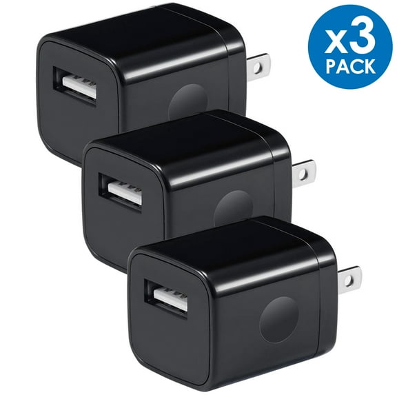 AFFLUX 3-PACK USB Wall Charger, 1A/5V 1-Port USB Wall Plug Travel Charging Adapter Compatible with iPhone 6 / 7 / 8 / X / XR / 11 / 12 / 13, Samsung Galaxy S8, S9, S10, A90, Universal, Full Black