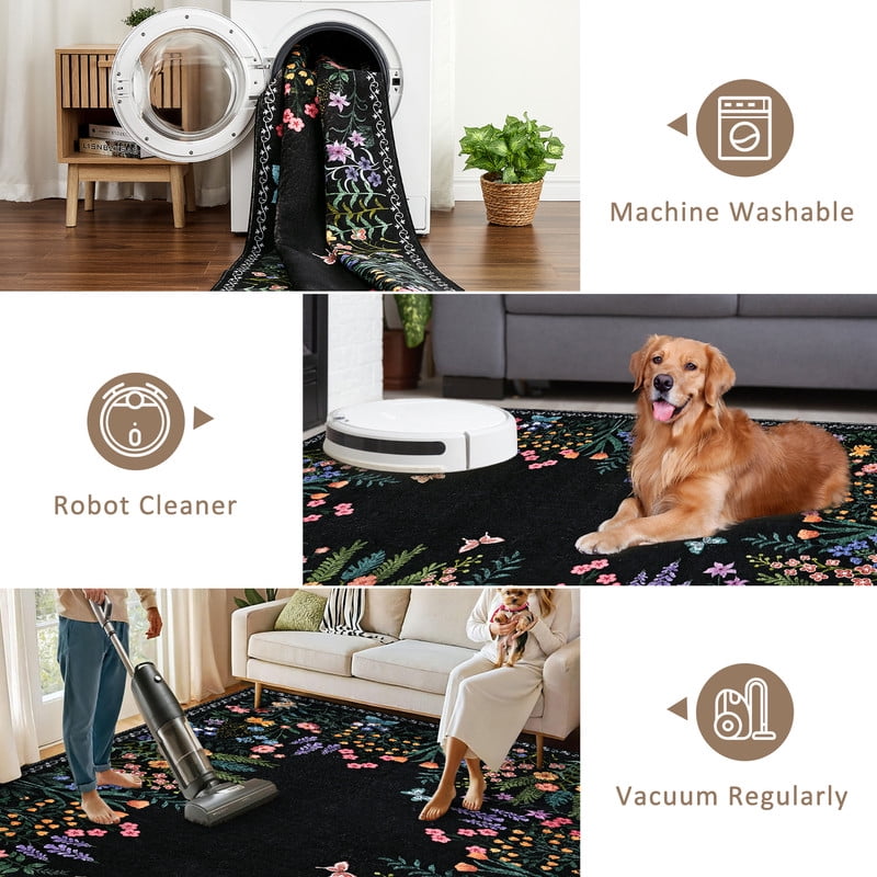 Washable 9x12 Area Rugs, Large Living Room Rug, Non-Slip Soft Floral Rugs for Bedroom, Botanical Area Rug Carpet for Dining Room Guest Room (Black,9'x12')