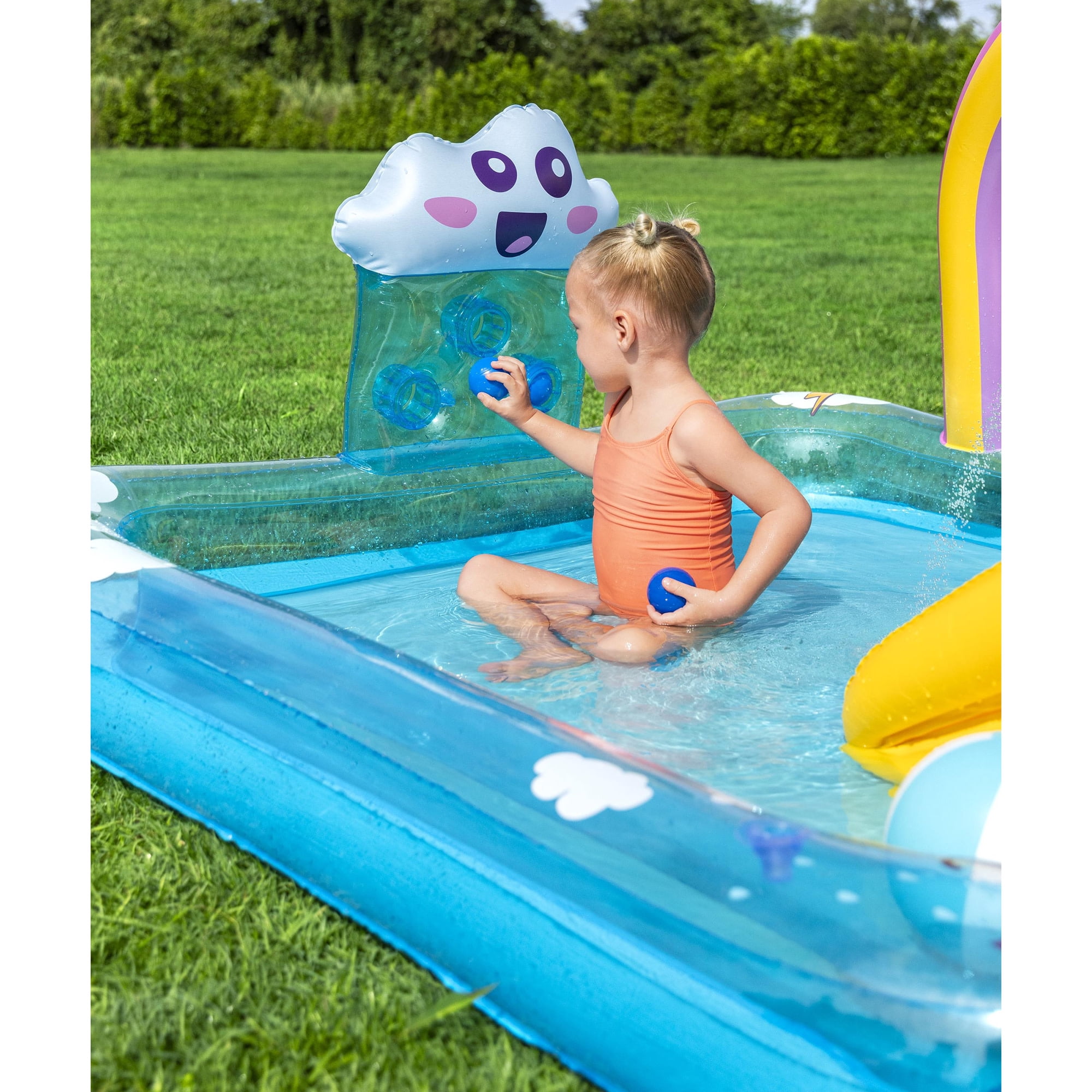 H2OGO! Inflatable Water Play Center & Pool - Rainbows ‘N Rays - 74x59x35”, Slide-Sprinkler Arch- Game Balls, Splash Wade Pool, Outdoor, Toddler-Kid 2+