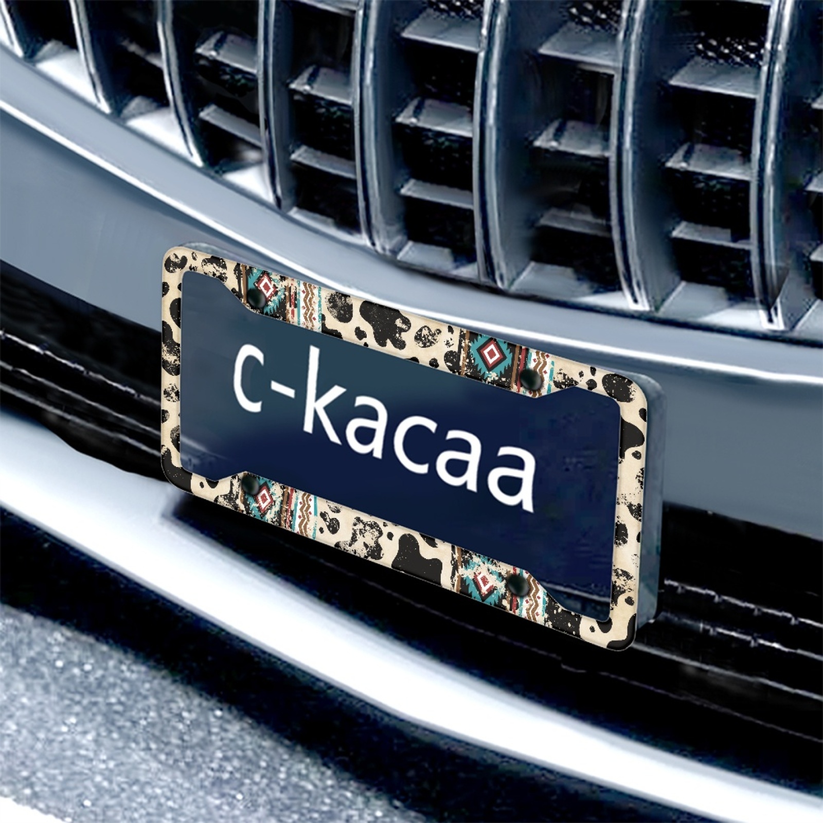 Renewold American Tribal Cow Print Retro Car License Plate Frame for Women Men, Novelty Vanity Tag for Car SUV Truck Vans Decorative Accessories with Screws, 2 Pack