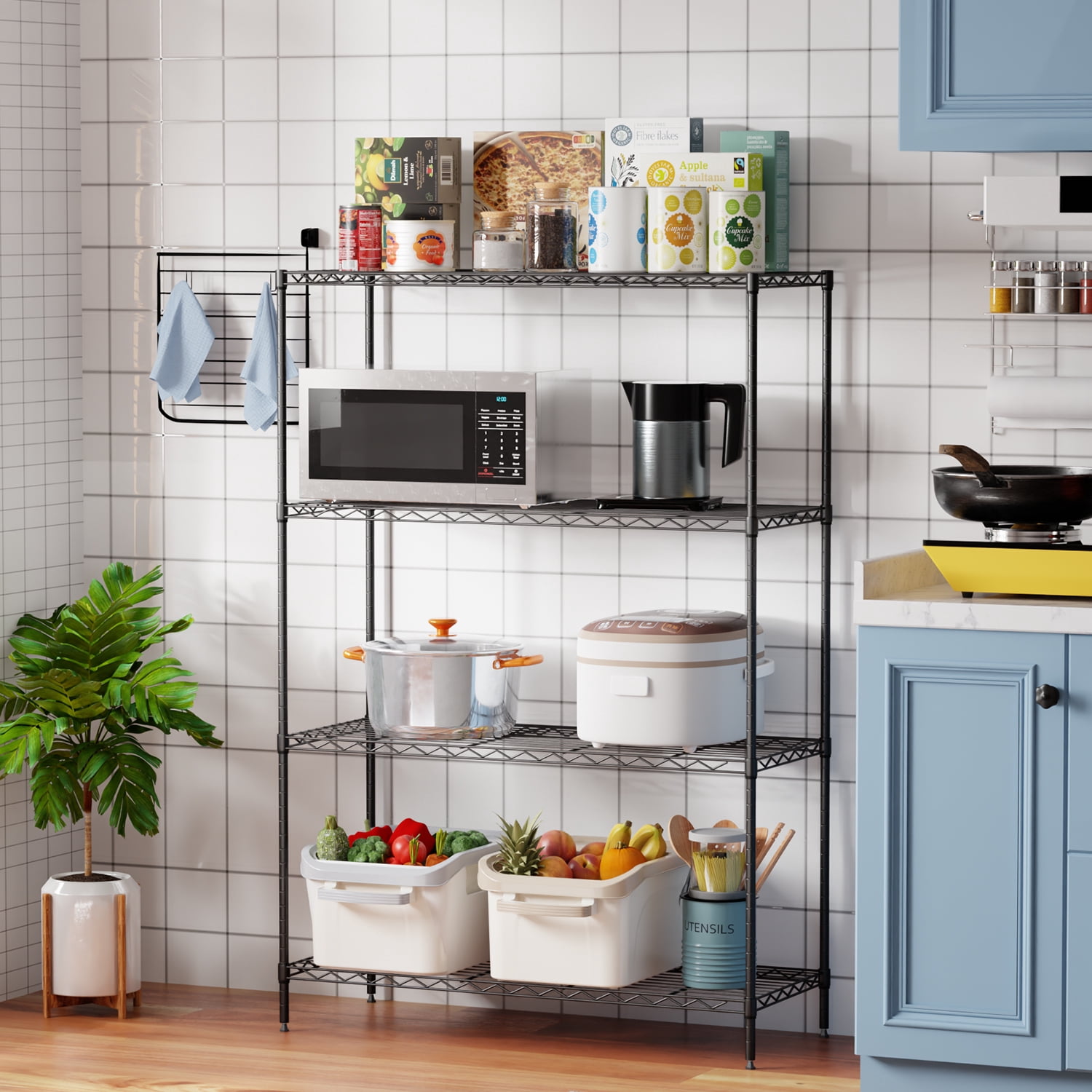 BestOffice 4 Tier Shelving Unit 35.4"L x 13.3"W x 53.7"H Metal Shelving Standing Storage Shelf with 4 Steel Frame Adjustable Layer Kitchen, Garage (Black)