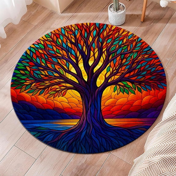 Nordic Tree of Life Round Rug, Viking Mythology Celtic Circle Carpet for Bedroom or Study, Soft Washable Non-Slip Area Rug, Spiritual Home Decor
