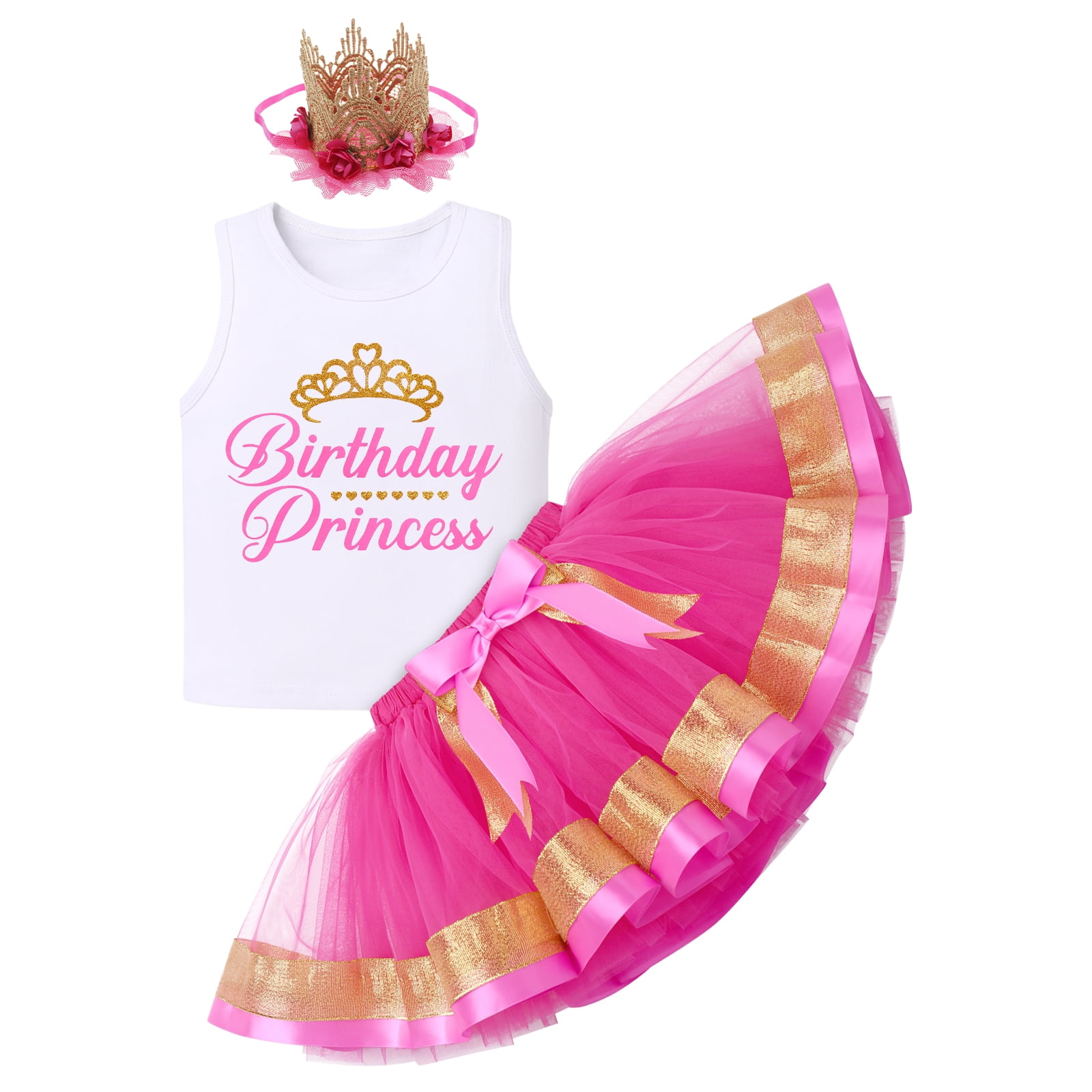 IBTOM CASTLE Toddler Baby Girls Princess Birthday Outfits Sleeveless Printed Vest Tops+Tulle Tutu Dress+Flower Crown Party Clothes 3-4 Years Hot Pink